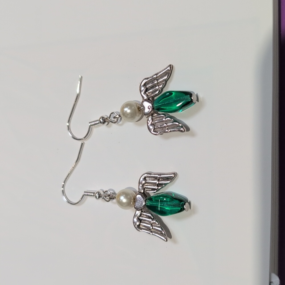 Handmade Silver & Emerald Green Czech Glass Angel Earrings